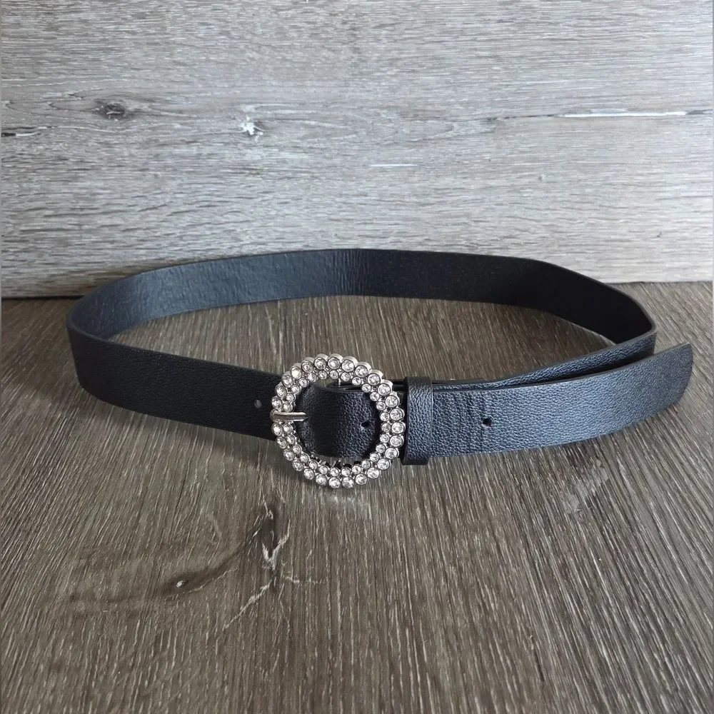 Black Faux Belt with Silver Round Rhinestone Buckle 37.5